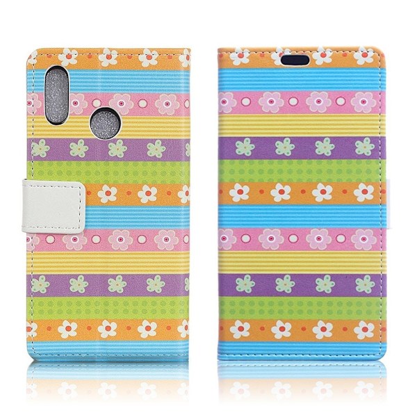 Huawei P20 Lite mønstret PU læder flip etui - Farverigt Striber & Blomster Multicolor