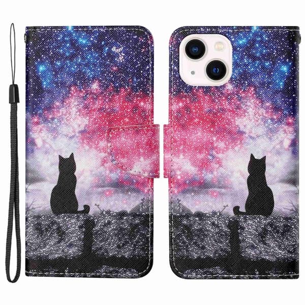 Wonderland iPhone 14 Plus Läppäkotelo - Starry Sky / Kissa Multicolor