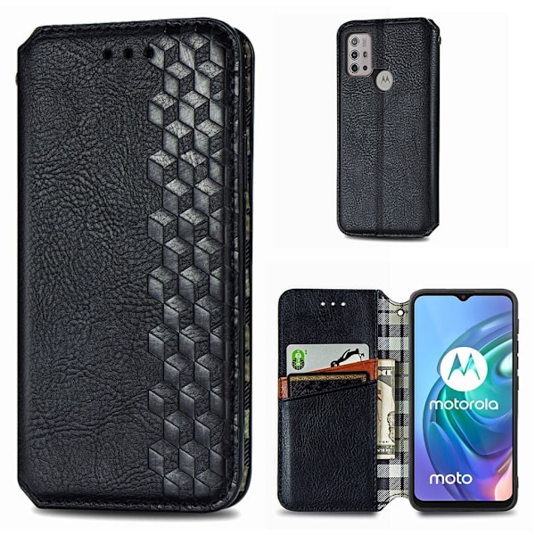 Läder Motorola Moto G10 fodral med romb-design - Svart Svart