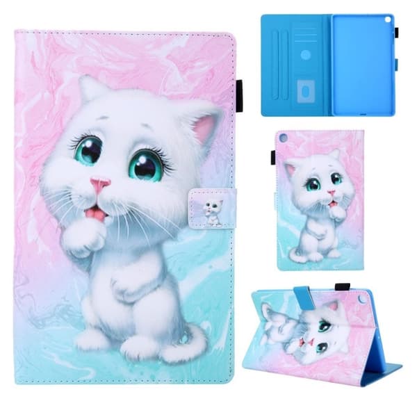 Samsung Galaxy Tab A 10.1 (2019) supreme mønster læder flip etui - Hvid Kat Multicolor