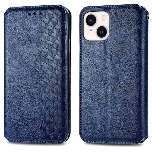 Läder iPhone 14 fodral med romb-design - Blå Blå