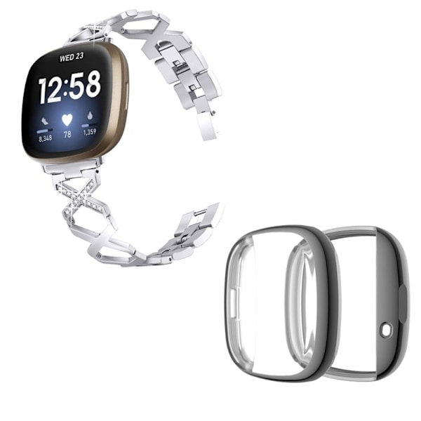 Fitbit Sense / Versa 3 X-formad klockrem med strassdekor och grått fodral - Silver Silvergrå