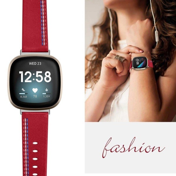 Fitbit Sense / Versa 3 three sewn line genuine leather watch strap - Red Röd