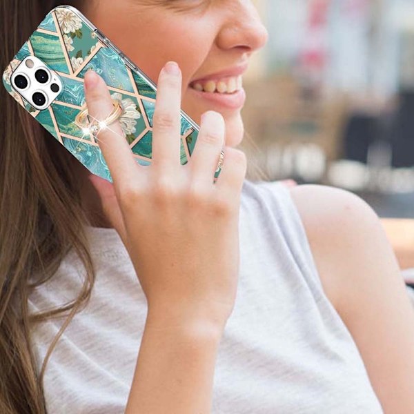 Marble Patterned Suojakuori With Ring Holder For iPhone 12 Pro Max - Blue Flowers Blue