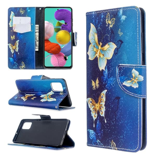 Wonderland Samsung Galaxy A51 etui – Blå og Guld Sommerfugle Multicolor