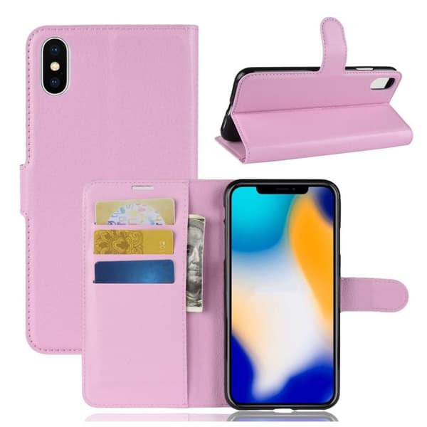 iPhone Xs Max flip etui i læder med litchi-tekstur - Pink Pink