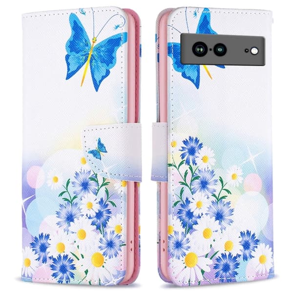 Wonderland Google Pixel 7a Flippetui - Sommerfugl og Blomster Blue