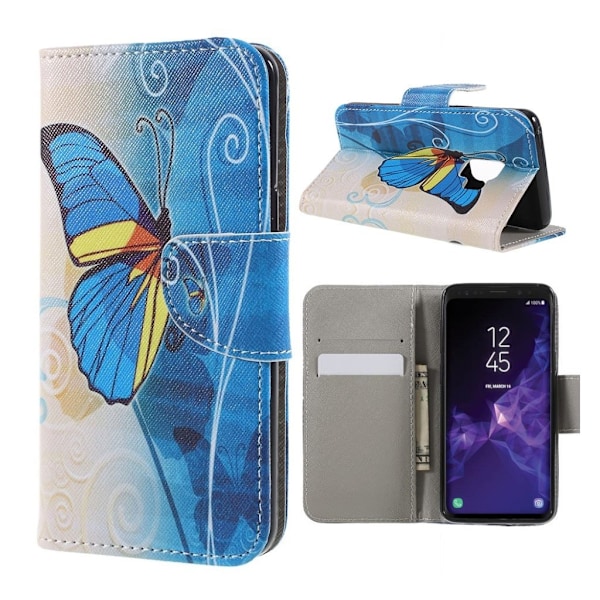 Samsung Galaxy S9 mønstret grynet PU læder flip etui - blå og Guld Sommerfugl Multicolor