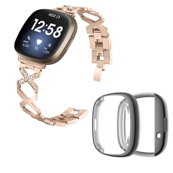 Fitbit Sense / Versa 3 X-formad klockrem med strassdekor och grått fodral - Guld Guld