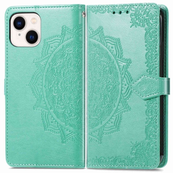 Mandala läder iPhone 14 fodral - Grön Grön