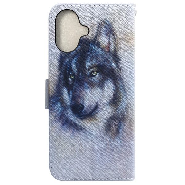 iPhone 16 Plus Etui med pung Pattern Print Leather Phone Cover - Ulv Blue