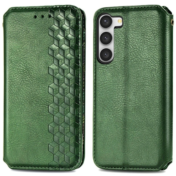 Læder Etui med A Stilfuldt Rhombus Tryk til Samsung Galaxy S23 - Grøn Green