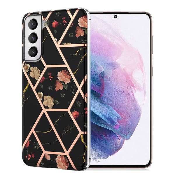 Marmordesign Samsung Galaxy S21 Plus 5G deksel - Svart Marmor / Blomst Multicolor