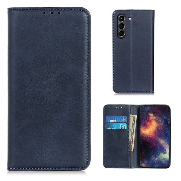 Lompakko-style Aitoa Nahkaa Läppäkotelo For Samsung Galaxy S21 FE - Sininen Blue