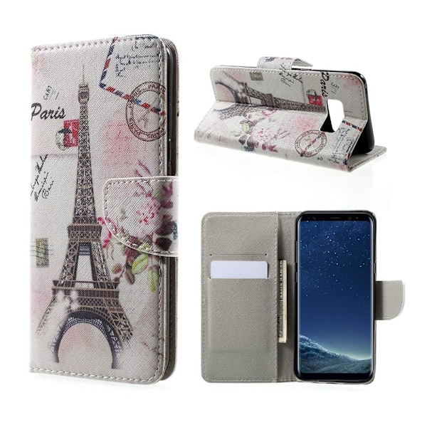 Samsung Galaxy S8+ Kuvioitu Nahkakotelo Lompakko - Postikortti Eiffel Torni Silver grey