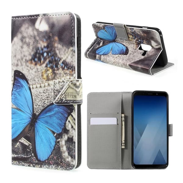 Samsung Galaxy A8 (2018) Etui laget av kunstlær og silikon - Blå sommerfugl Multicolor