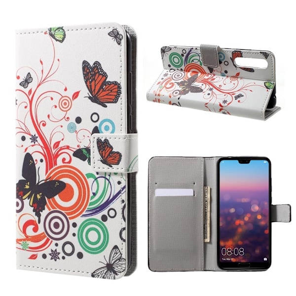 Huawei P20 Printet Mønster PU læder flip etui - sommerfugl og Cirkel Multicolor
