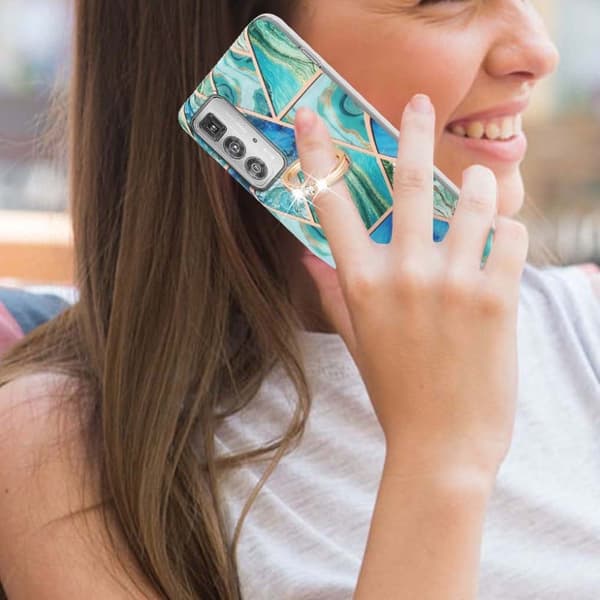 Marble Patterned Suojakuori With Ring Holder For Motorola Edge 20 Pro - Vihreä Green