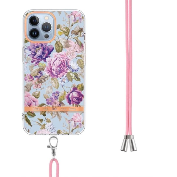 iPhone 13 Pro Max 6,7 tommer YB IMD-9 Series Flower Pattern IMD Electroplating Cover Light Slim Soft Flexible Phone Case med Lanyard - Lilla Pæon Purple