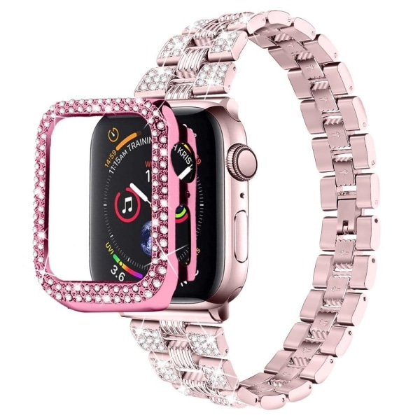 Apple Watch (45mm) strassikivinen ruostumattomasta teräksestä valmistettu ranneke + suojus - Ruusu Vaaleanpunainen / Ruusu Vaaleanpunainen Pink