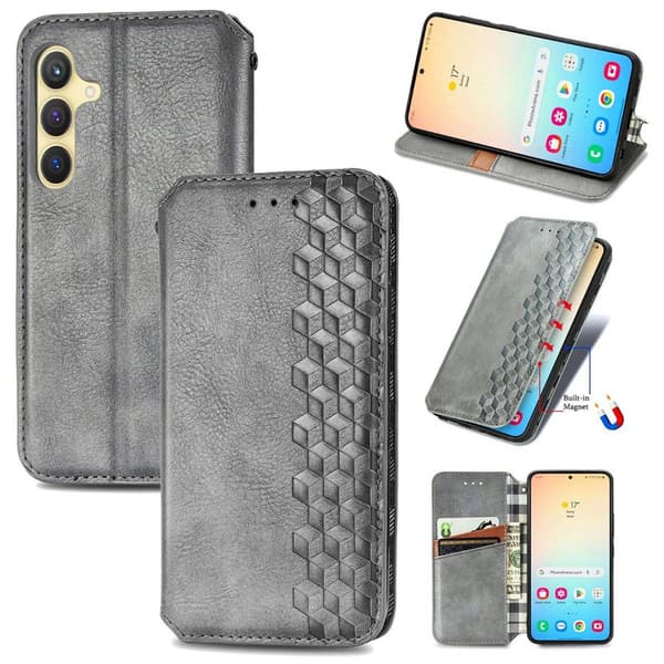Skinn-etui med stilfult rombeavtrykk for Samsung Galaxy S25 Plus - Grå Silver grey