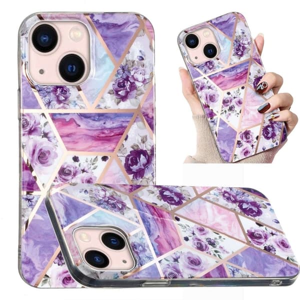 Marble iPhone 14 Plus Etui - Lilla Blomst Purple
