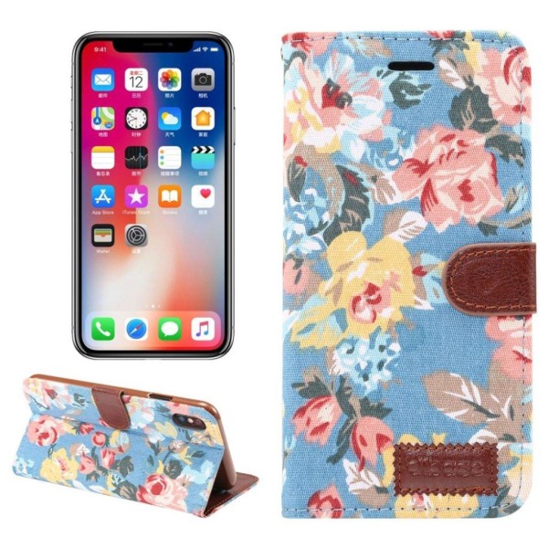 iPhone Xs Max flip cover i læder med blomsterstof - Blå Blue