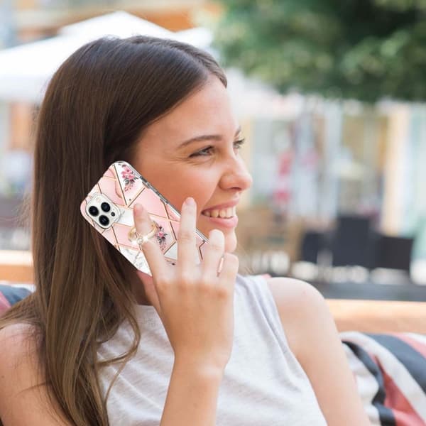 Marble Patterned Suojakuori With Ring Holder For iPhone 14 Pro - Pink Flowers Pink