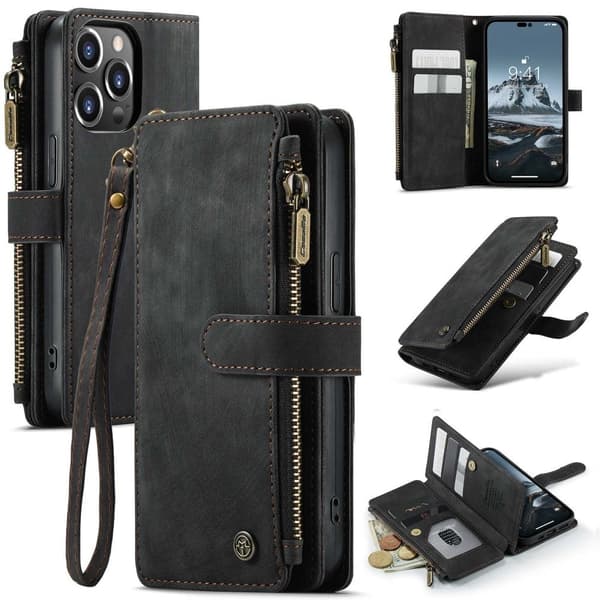 CaseMe iPhone 14 Pro etui med lynlås og pung - Sort Black
