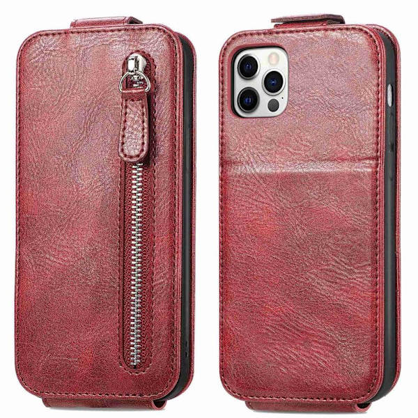 Vertical Flip Phone Suojakotelo With Zipper For iPhone 12 / 12 Pro - Punainen Red