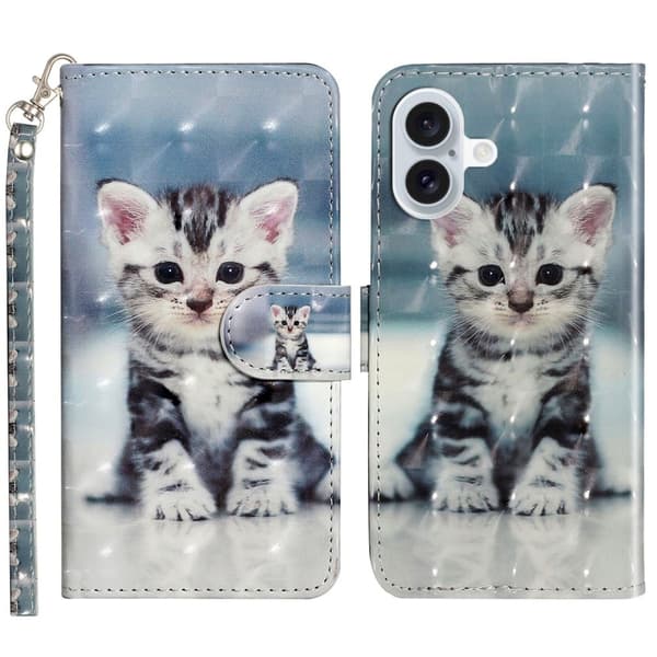 iPhone 16 Plus fodral 3D-mönster tryckt läder plånbok telefonfodral stativ bookstyle - Katt Blå