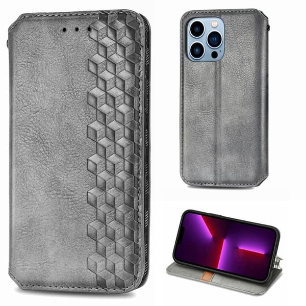 Läder iPhone 13 Pro fodral med romb-design - Silver/Grå Silvergrå