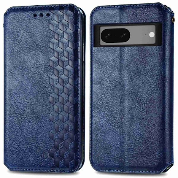 Läder Google Pixel 7 fodral med romb-design - Blå Blå