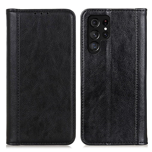 Äkta läder Samsung Galaxy S23 Ultra fodral med magnetisk stängning Svart