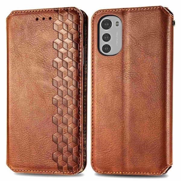 Læder Etui med A Stilfuldt Rhombus Tryk til Motorola Moto E32s / E32 / G22 - Brun Brown