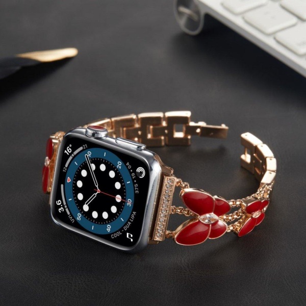 Apple Watch 42mm - 44mm strassikivikoristeinen perhonen koristeellinen kellonhihna - Ruusukulta / Punainen Pink