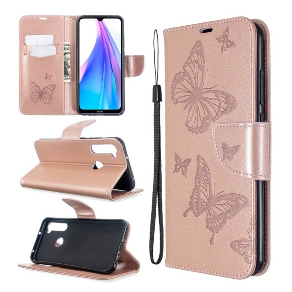 Butterfly Xiaomi Redmi Note 8T nahkakotelo - Ruusukulta Pink