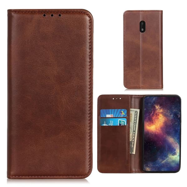 Lompakko-style Aitoa Nahkaa Läppäkotelo For Nokia C1 Plus - Kahvi Brown