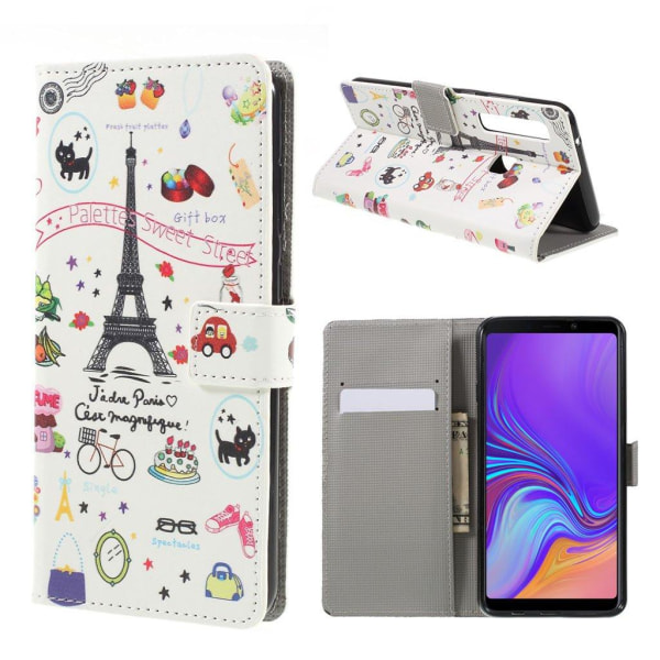 Samsung Galaxy A9 (2018) kuviollinen synteetti nahkainen lompakko suojakotelo kortti ja seteli paikoilla - Eiffetorni ja Kuviot Multicolor