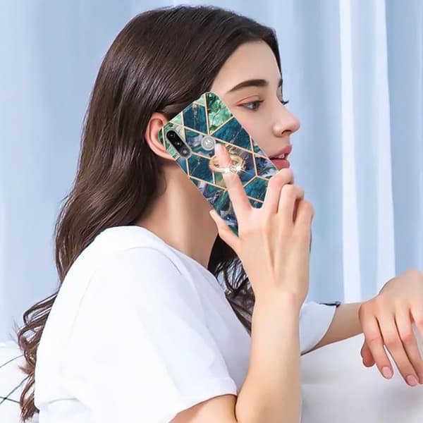 Marble Mønstret Deksel med Ring Holder til Motorola E7i Power / E7 Power - Blå / Grønn Blue