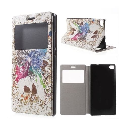 Moberg View Huawei Ascend P8 Lær Flip Case - Livlig Sommerfugl Multicolor