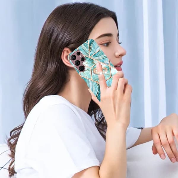 Marble Mønstret Deksel med Ring Holder til Samsung Galaxy S22 Ultra - Blå Blue