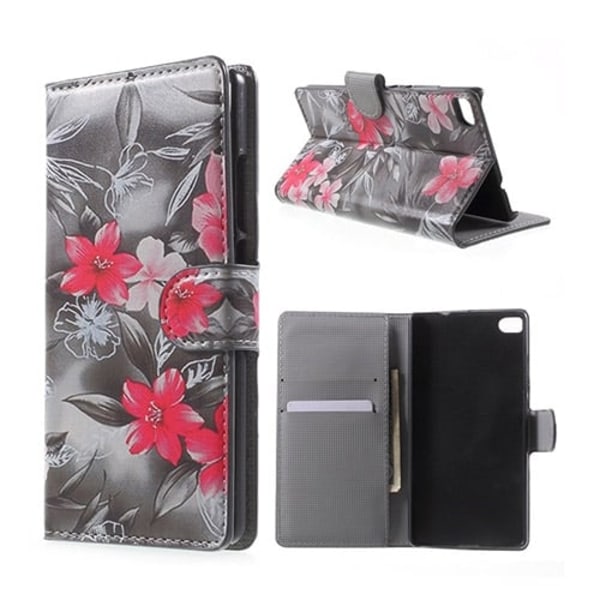 Moberg Huawei Ascend P8 Läder Fodral med Korthållare - Röd Blommor multifärg
