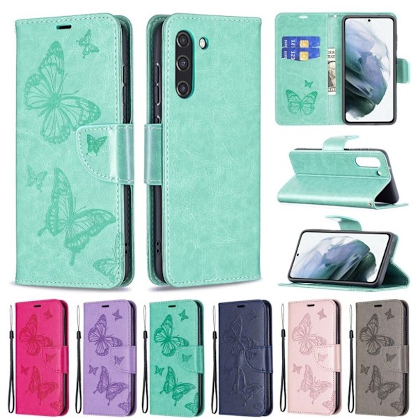 Butterfly läder Samsung Galaxy S21 FE fodral - Rosa Rosa
