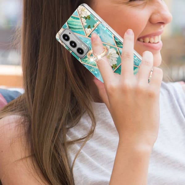 Marble Mønstret Deksel med Ring Holder til Motorola Edge 20 - Blåe Blomster Blue