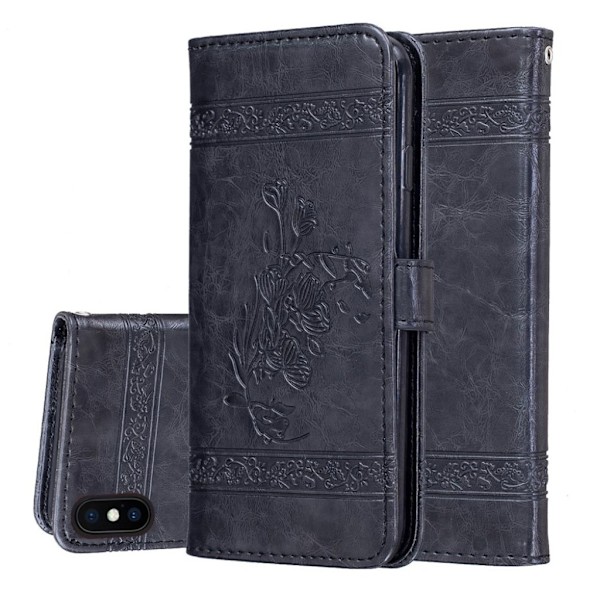 iPhone Xs Max flip cover i læder med blomsterprint og olievoks - Sort Black