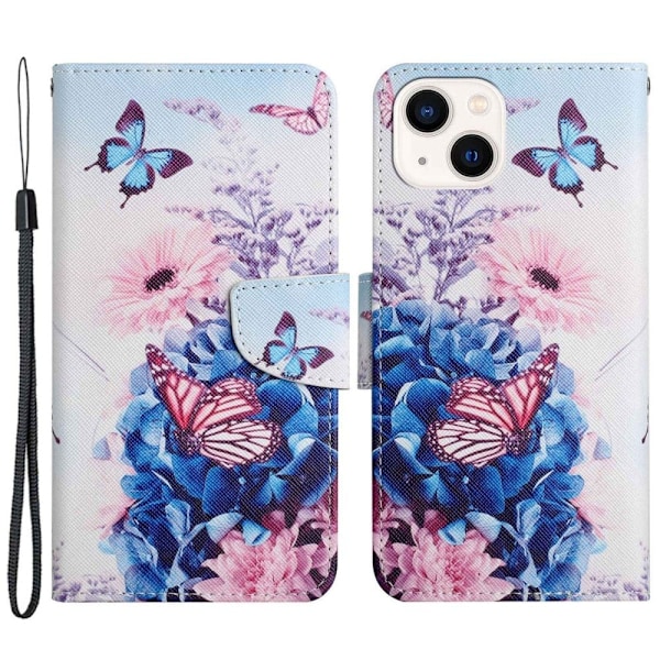 Wonderland iPhone 14 flip etui - Lilla Sommerfugle Purple