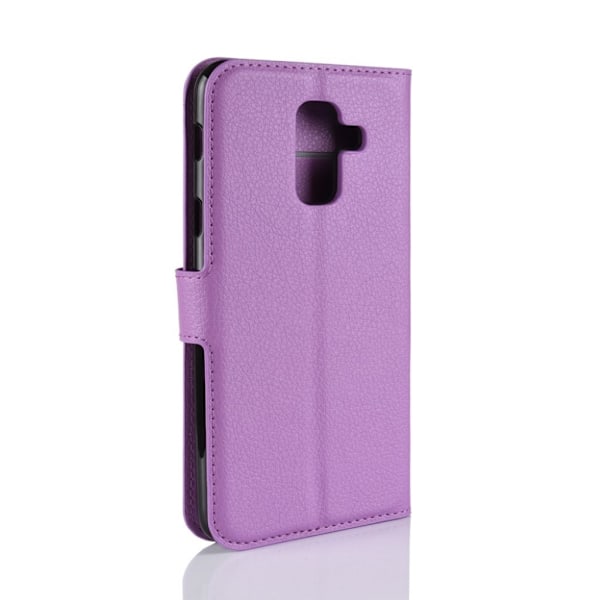 Samsung Galaxy A6 Plus mobiletui i kunstlæder med Litchi overflade. Indbygget pung og stander - Lilla Purple