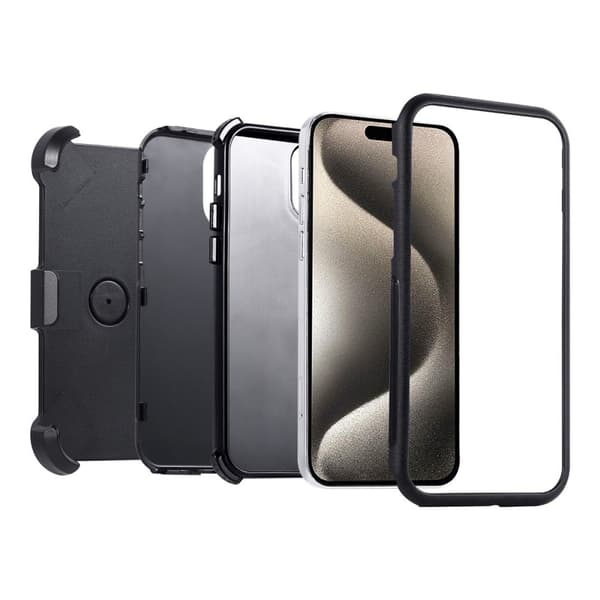 iPhone 15 Plus bælteklipsetui Dobbeltlags fleksibelt og stødsikkert stødsikkert mobil cover - Helt Sort Black