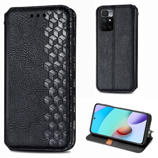 Lær Etui med A Stilfull Rhombus Imprint til Xiaomi Redmi Note 10s / Redmi Note 10 - Svart Black